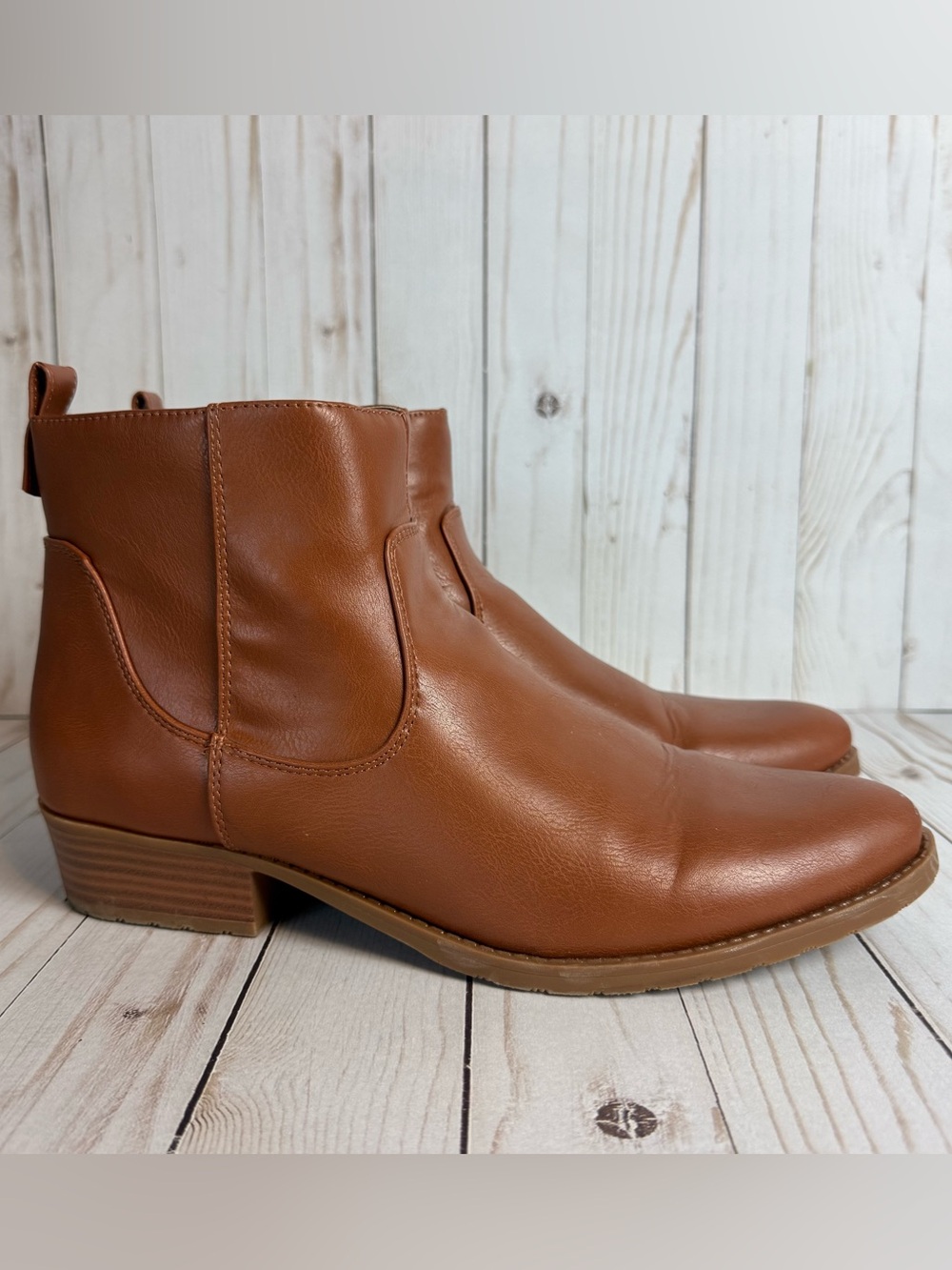 Style & Co Cognac Brown Vegan Leather Ankle Booties Chelsea Boots 1” Block Heel